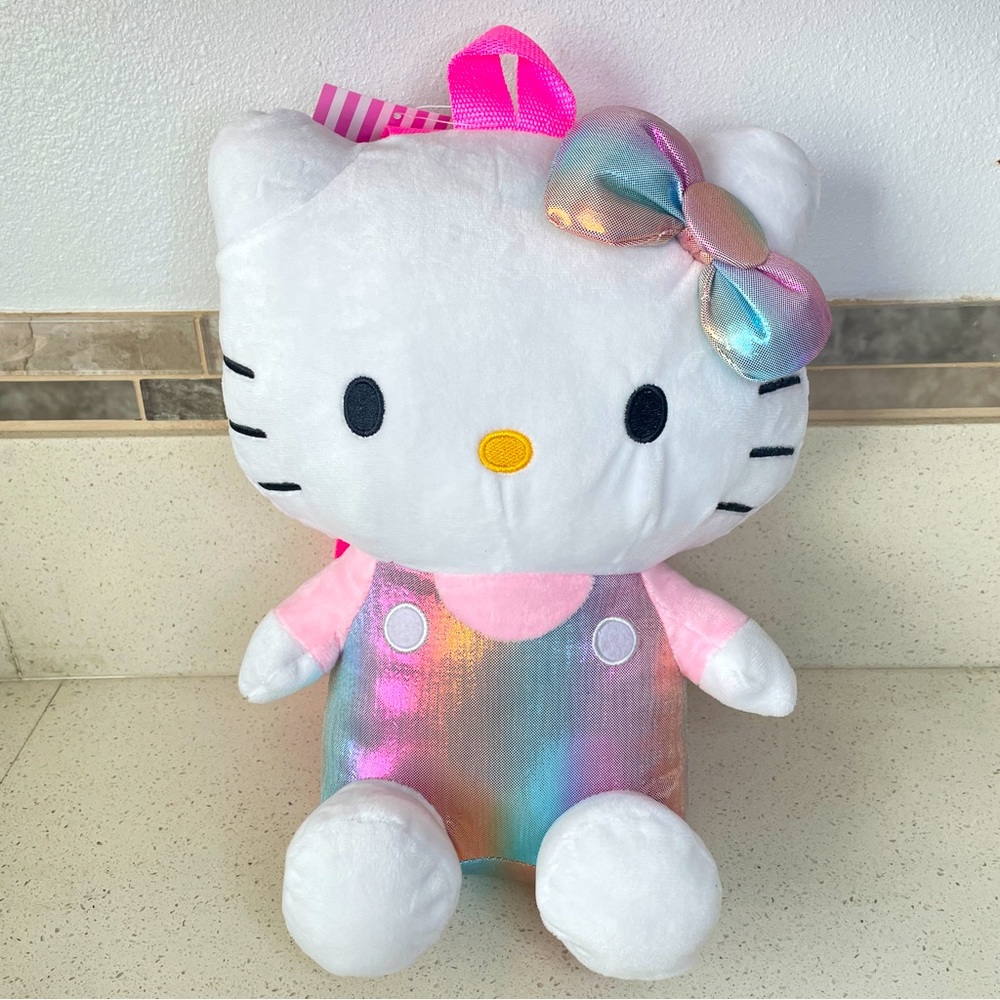 Sanrio Hello Kitty Plush Backpack Rainbow Metallic Iridescent Bow Pink‎ Straps